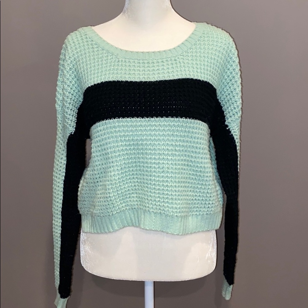 Mint Green Black Strip Crop Sweater